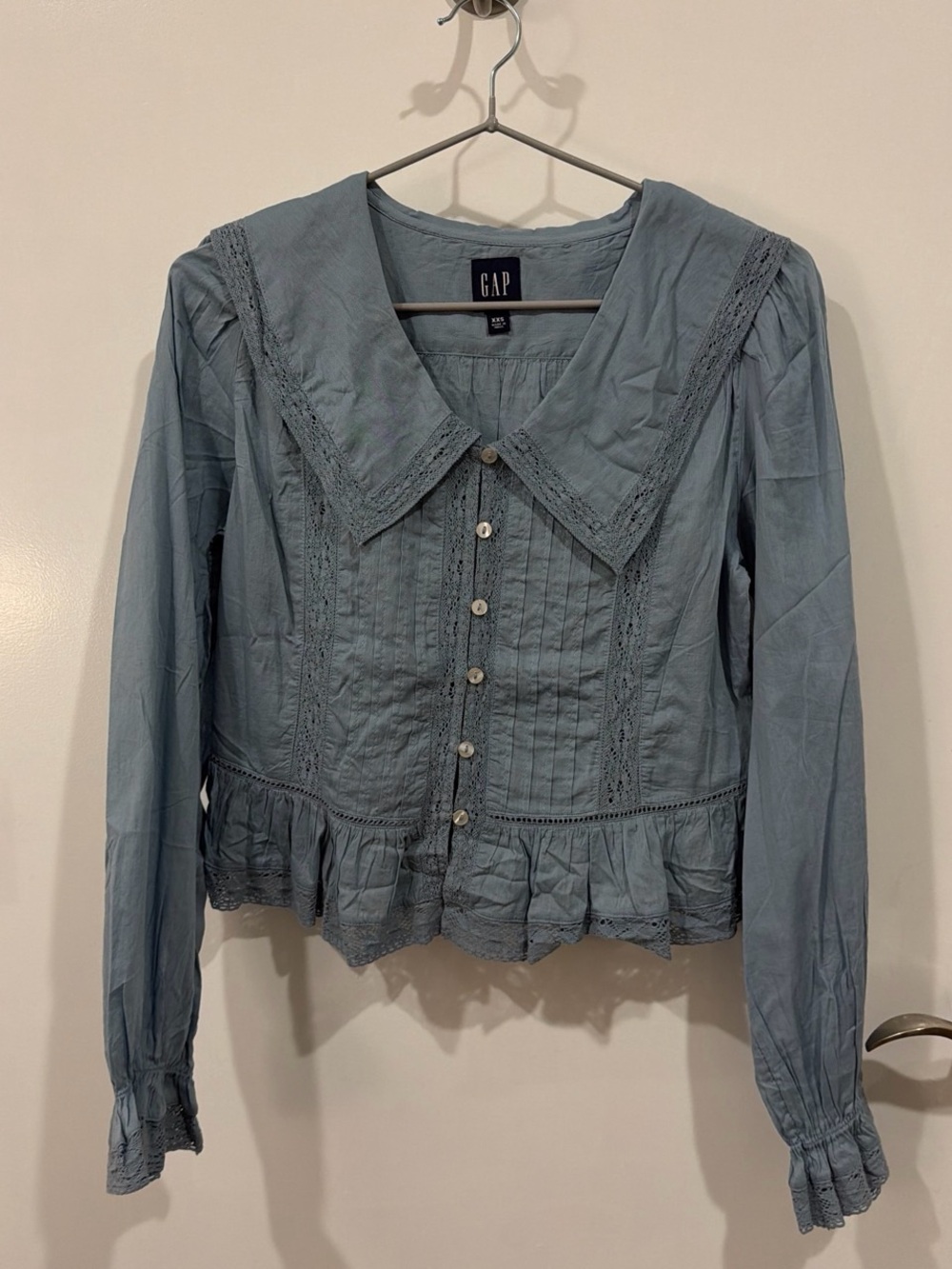 GAP Dusty Blue Crochet-Trim Button Front Blouse